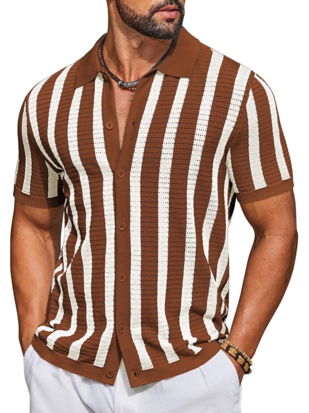 Men's Caramel Knit Short Sleeve Button Down Polo Striped Casual Beach Shirt